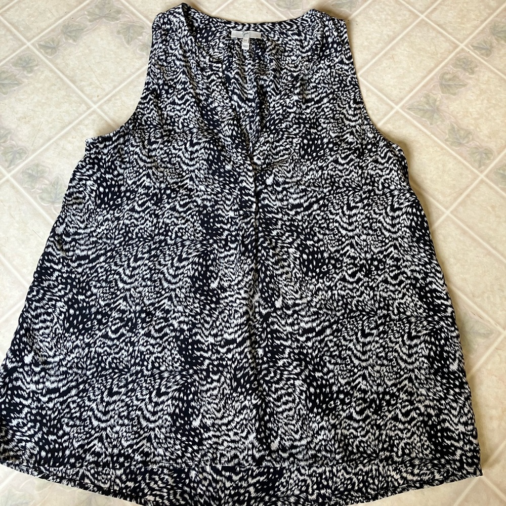 Joie Split Neck High Low Black Print Silk Tank